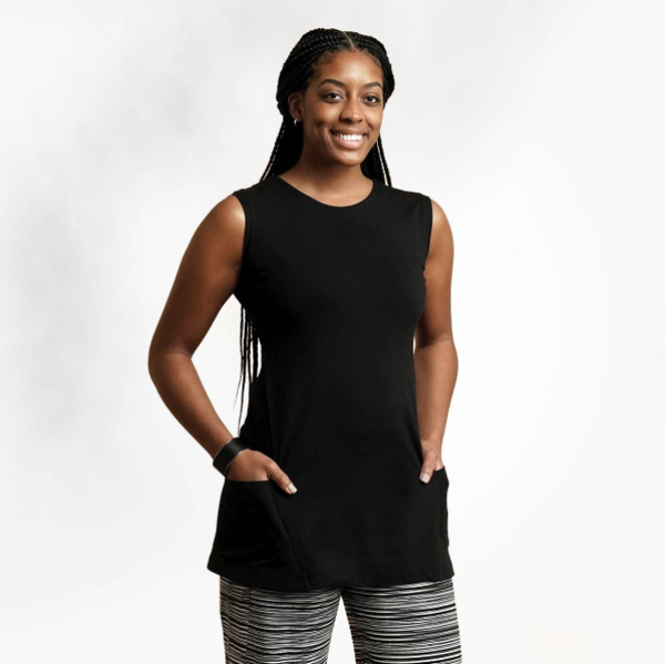 Black sleeveless tunic top hotsell
