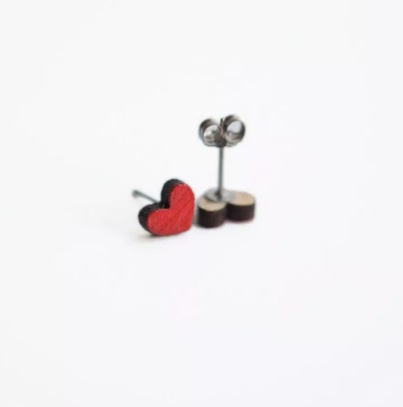Red Heart Wooden Earring Studs