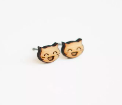 Really Happy Cat Wooden Earring Studs