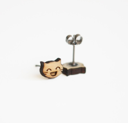 Really Happy Cat Wooden Earring Studs