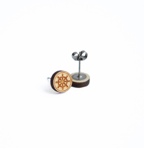 Ship Wheel Nautical Wooden Earring Studs