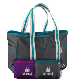 Nomad Tote Bag in Grey or Purple stuffs into its own interior zipped pocket for easy storage