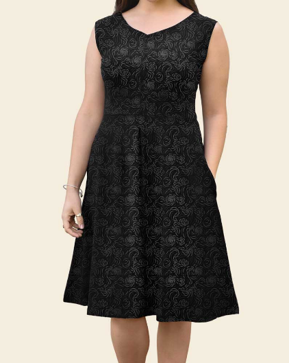 Organic Cotton Swirl Print Dress - in Black, Aubergine or Teal - Reversible Boat- or V-Neck