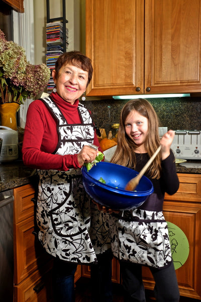 Kids and adults organic cotton aprons in vines print