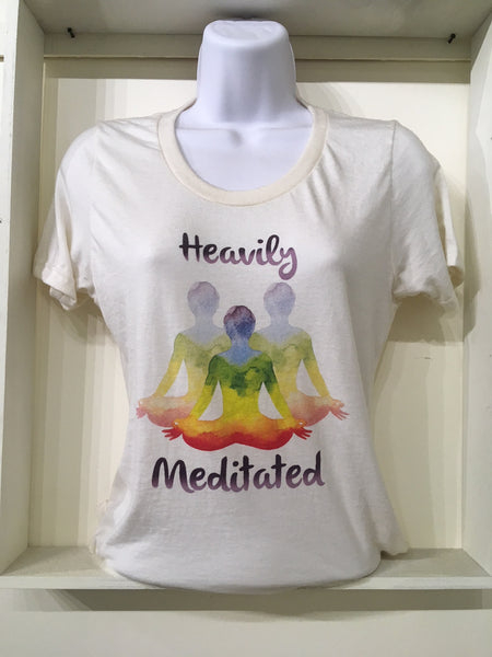 Heavily Meditated women's t-shirt, on natural, undyed 100% organic cotton