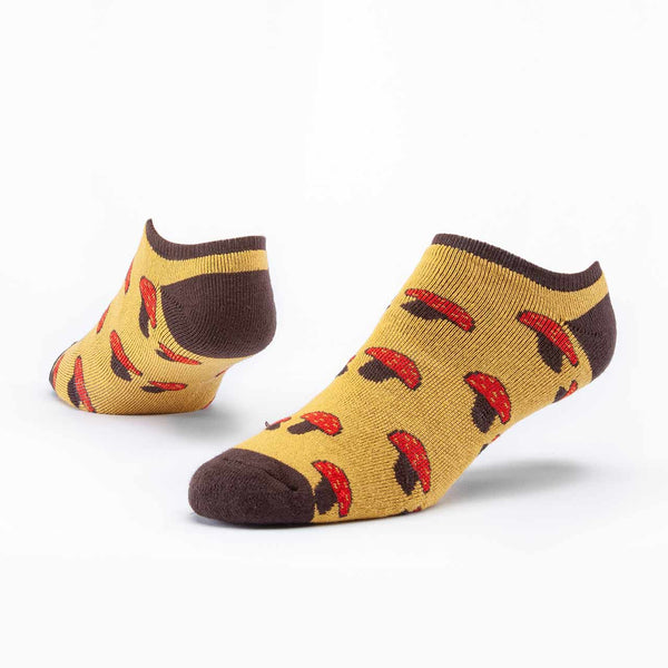 Mushroom Design Organic Cotton Striped Cush Footie Socks -Honey Yellow