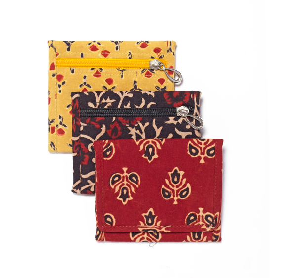 Block-Printed Cotton Tri-fold Wallets with zipper change pouch