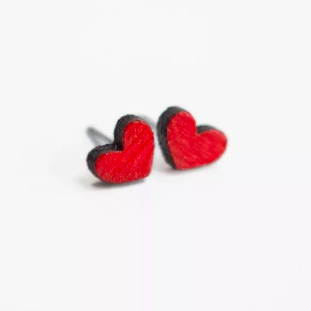 Red Heart Wooden Earring Studs