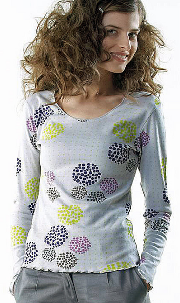 100% Organic Cotton Womens long sleeve top with slight scoop neck and print on pale blue