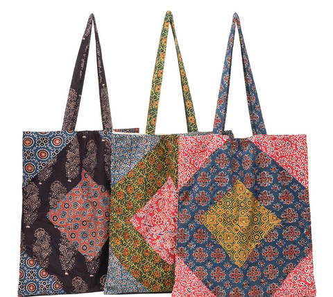Hand Block-printed, Lined Cotton bag with interior pocket. Eco-Shopper