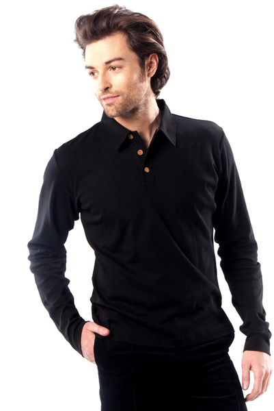 Men's long-sleeved Polo Shirt in organic cotton from Ethos Paris, in Ebony